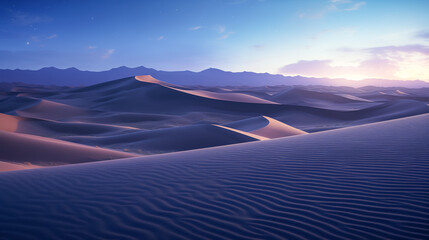 Twilight serenity over desert dunes with distant mountains