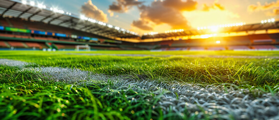 The green field of dreams, an empty soccer stadium under a clear sky, waiting for the next big game...