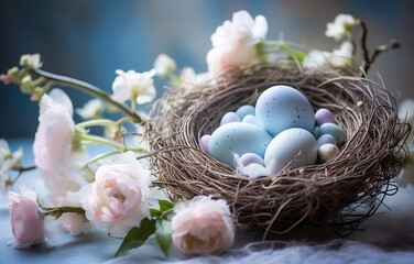 Pastel easter eggs nestled in a twig nest among soft pink roses