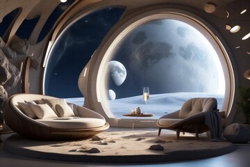 a luxury habitat designed as a futuristic moon base, with an oversized circular window looking out onto the lunar surface. The interior is styled with warm wooden tones and plush furnishings,