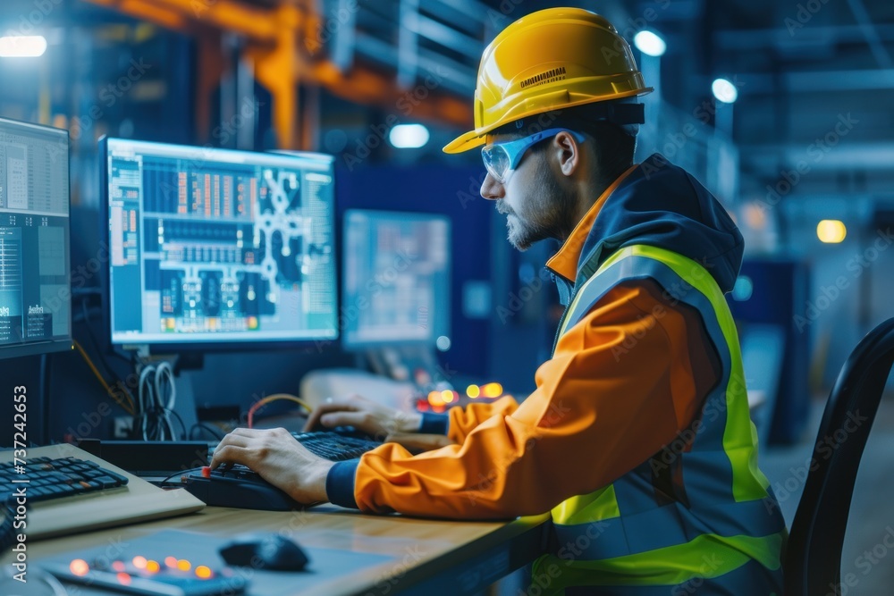 Poster engineers are debugging equipment at the project site in the industrial area, and they use data anal