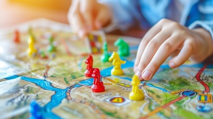close-up of playing board game and having fun with friends and family in room indoors, board game concept, group of kids children play board games at the table, roll the dice - obrazy, fototapety, plakaty