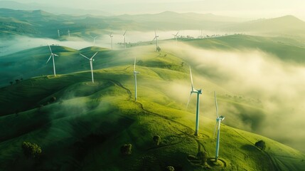 Renewable energy wind farm with windmill turbines in a green field on a foggy morning - Powered by Adobe