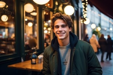 Fototapeta premium Portrait of a young man smiling at the camera in a pub