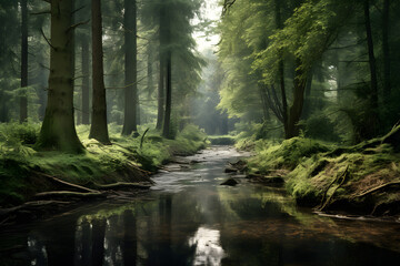 A forest of undisturbed wild nature with wetlands and green moss. International Day of Forests concept.