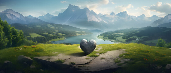 View of heart shape stone with mountains and lake landscape - Ai Generated