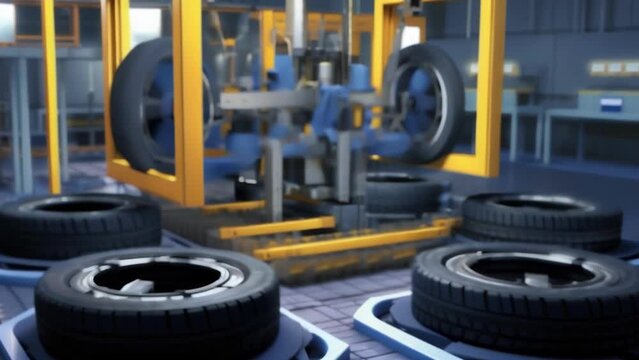 An image of several robotic arms testing the tire tread depth This image shows several robotic arms testing the tire tread depth in a tire production factory. The robotic arms are positioned around