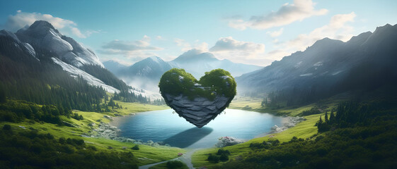 View of heart shape stone with mountains and lake landscape - Ai Generated