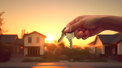 A close-up of a house key being handed over to a new homeowner, symbolizing the completion of a mortgage loan process.  - obrazy, fototapety, plakaty