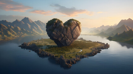 View of heart shape stone with mountains and lake landscape - Ai Generated - obrazy, fototapety, plakaty