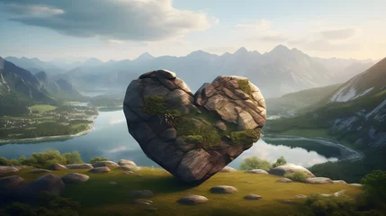 Papier peint photo autocollant rond Gris foncé View of heart shape stone with mountains and lake landscape - Ai Generated