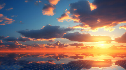 Fototapeta premium Sunset sky powers wind and solar energy generated - Ai generated
