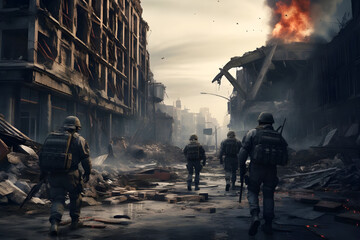 War scene utter destruction fires burning and buildings collapsing - Ai generated