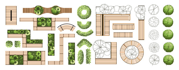 Top view elements for the landscape design plan. Trees and benches for architectural floor plans. Entourage design. Various trees, bushes, and shrubs. Vector illustration.