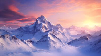 Mountains covered with snow at sunset - Ai generated - obrazy, fototapety, plakaty