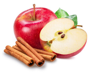 Red apple, apple slice and cinnamon sticks isolated on white background.
