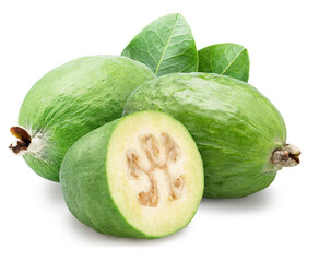 Feijoa fruits with leaf and cross cuts of feijoa on white background. File contains clipping path.