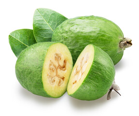 Feijoa fruits with leaves and feijoa cross sections isolated on white background. Clipping path.