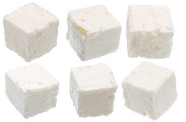 Collection of feta cheese cubes isolated on white. File contains clipping paths.