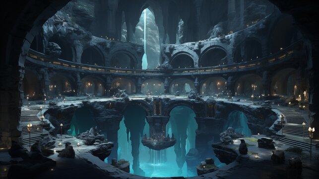 A dark underground city in a large cave