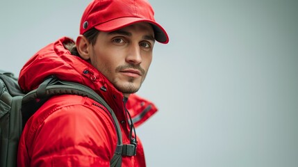 Obraz premium Courier in uniform with a red delivery box