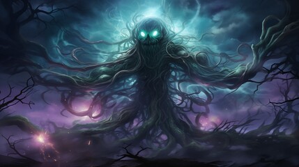 a dark creature with glowing eyes in the dark forest