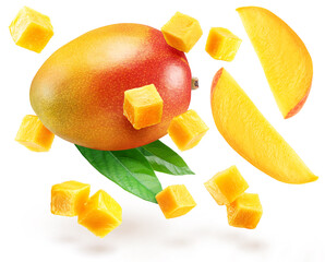 Mango fruits and mango slices levitating in air on white background.