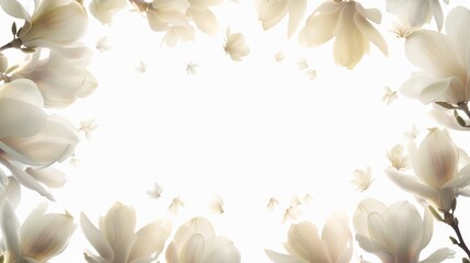 Dual light exposure blends with flying white magnolia petals, center space for text. Greeting card concept
