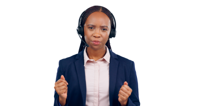 Call center, woman and portrait for customer service, communication or CRM questions. IT support or telemarketing agent or african consultant with microphone isolated on a transparent, png background