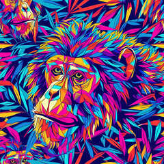 Monkey line art pop art cartoon colorful repeat pattern, vibrant bright party funky kawaii	