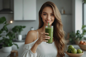 Young woman drinking green smoothie
