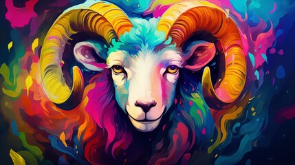a colorful painting of a ram - obrazy, fototapety, plakaty