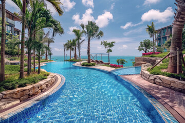 The Luxurious Resort Poolside Scenery. The Luxury of Holidays Through Relaxation and Enjoyment by...