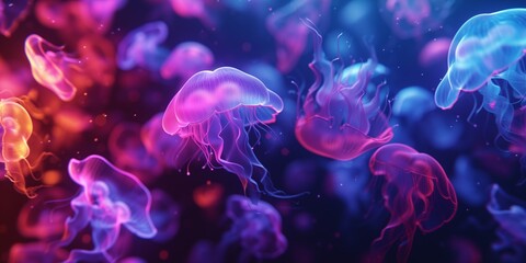 Obraz premium Vibrant neon jellyfish against a deep sea backdrop