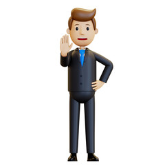3d man. Businessman in a suit. An office worker stops the process. 3D rendering, illustration in cartoon style, isolated. A friendly employee of the company shows a stop hand.