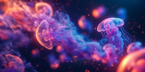 Naklejka premium Vibrant neon jellyfish against a deep sea backdrop
