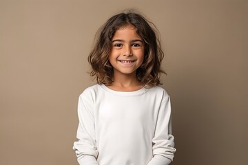 Portrait of a cute little girl smiling at the camera on a brown background