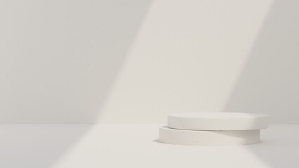 3D rendered mockup of a minimal circle podium scene with a white landscape backdrop template