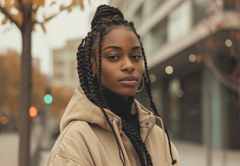 Urban Style Portrait of a Confident Young Woman with Braids Wearing a Chic Trench Coat