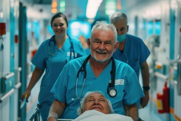 Two orderlies dressed in blue medical clothes are pushing a stretcher with a smiling middle aged patient in a hospital - obrazy, fototapety, plakaty
