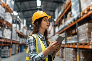 A female employee or supervisor checks the stock inventory on a digital tablet as part of a smart warehouse management system