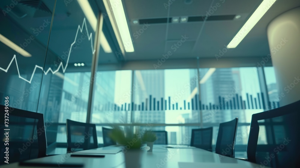 Poster floor to ceiling glass windows in the background; daylight; line and bar chart with increasing value