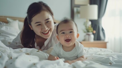 smile and mother with baby on bed for playful, love and free time. Happiness, care and health with woman and newborn