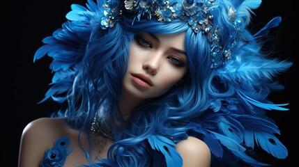 A beautiful girl with blue hair and feathers in them