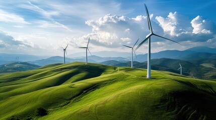 Wind farm with windmill turbines in a green field generating clean renewable electricity