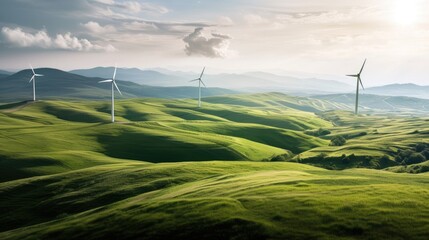 Wind farm with turbines on top of hill aerial view on a sunny day..