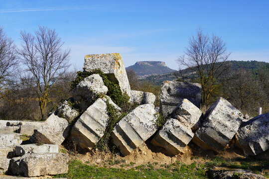 A broken column of the ancient temple of Zeus, in the Nemea archaeological site