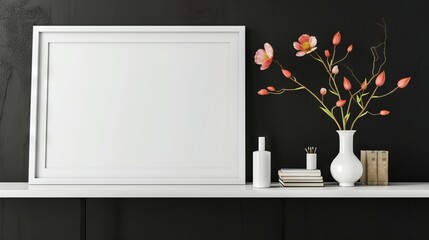 White frame blank canvas on white shelf, spring flowers in vase on the shelf near the frame, black room interior