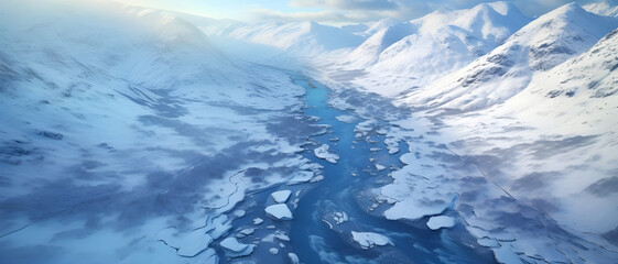 Aerial view of ice mountains glaciers in winter - Ai generated