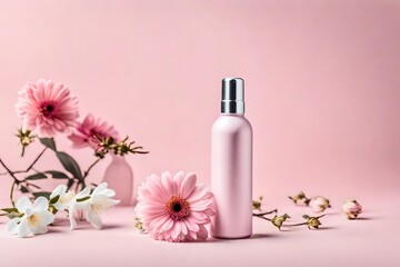 Obraz na płótnie Canvas pink cosmetic spray bottle with minimalist floral background , packaging and advertising mockup